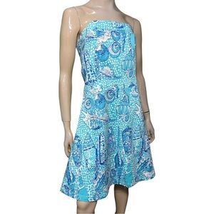 Key West NWT 8 Blue Turquoise White Shell Mosaic Tropical Lucky Strapless Dress